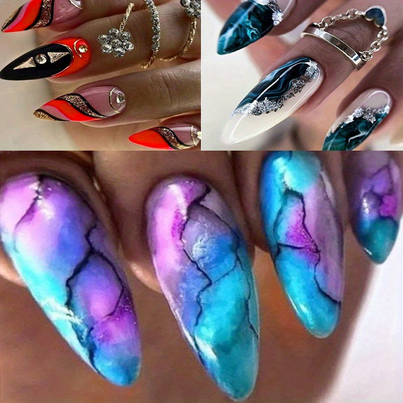 TEMU 72pcs 3pcs Almond-shaped Long Nails, Blue Starlight Sparkling , Long Wearable Nails, For Party Supplies, Easy To Reuse Cosmetics, Nail Care, Beauty, Gift Nails