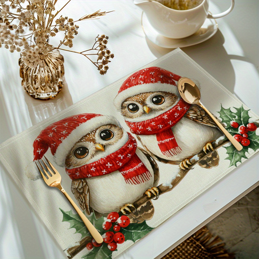 

[] 4pcs, Christmas Owl Printed Placemats, Set Of 4 Table Mats, Washable Placemats For Kitchen Dining Table Decoration