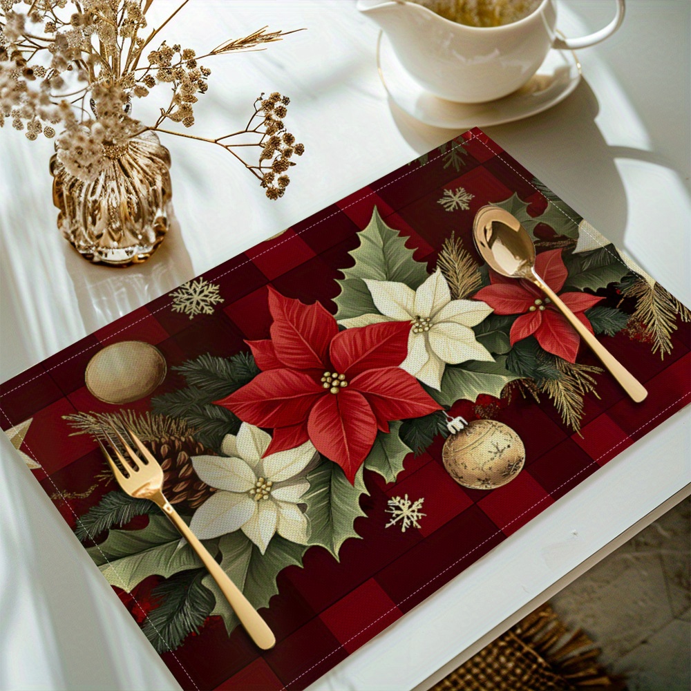 

4pcs Set Home Christmas Floral Placemats - Washable Polyester Table Mats With Poinsettia And Pine Cone Design For Kitchen Dining Decor, Dining Accessory|floral Table Mats| Tableware