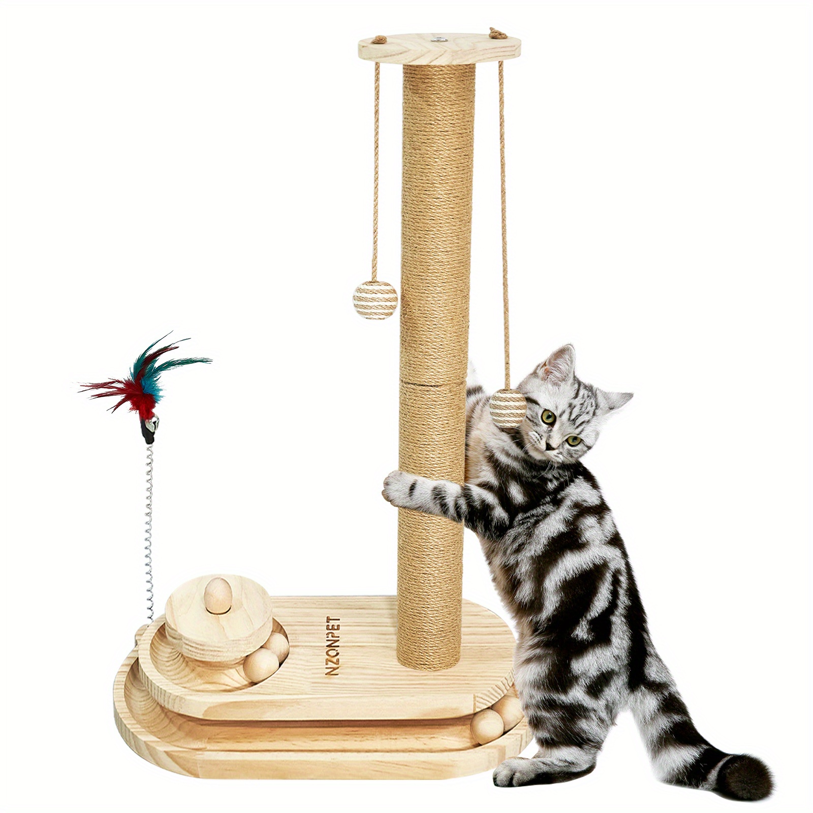 

Cat Scratching Post, Cat Toys, Solid Wood Cat Turntable, 17"/ 34" Tall Post With 2-layer Interactive Track Balls, Cat Climbing Tree With 2 Hanging Balls