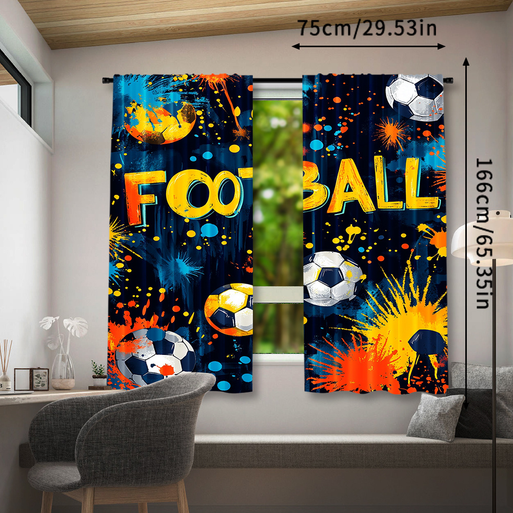 TEMU 2 pièces de rideaux à thème de football - Ballon de football vibrant et design éclaboussure coloré, poche de tige, rideaux semi-transparent en
