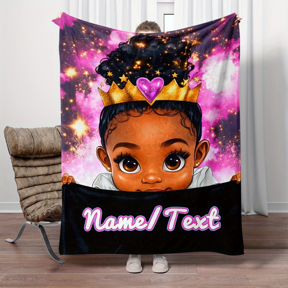 TEMU 1pc Custom Name Cute Shiny Little Princess Print Portable Blanket-lightweight Flannel Throw For Sofa Bed Travel Camping Living Room Office Couch