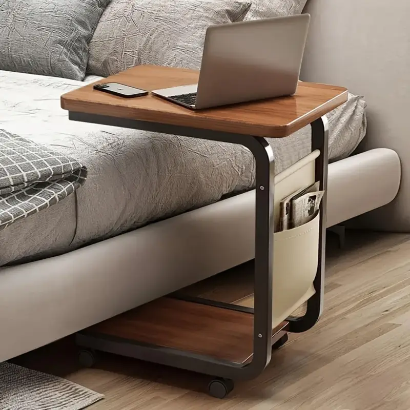 brown rolling side table with storage bag solid wood coffee table c shaped desk for sofa and bedside metal frame feature table quiet 360 swivel wheels couch edge and nightstand cart side table suitable for living room rvs etc details 0