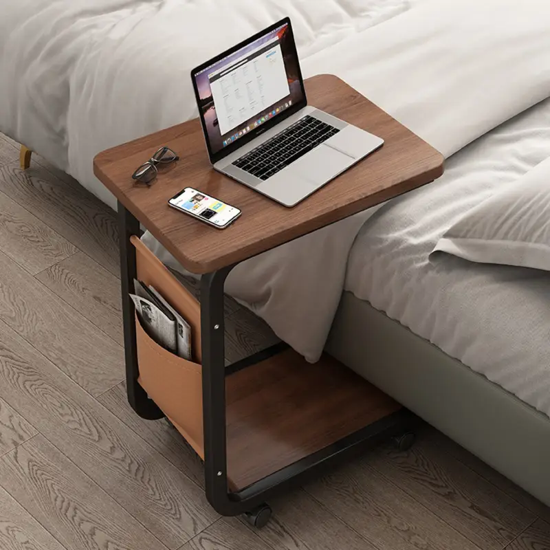 brown rolling side table with storage bag solid wood coffee table c shaped desk for sofa and bedside metal frame feature table quiet 360 swivel wheels couch edge and nightstand cart side table suitable for living room rvs etc details 4