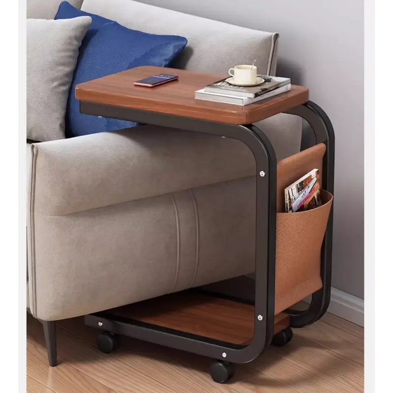 brown rolling side table with storage bag solid wood coffee table c shaped desk for sofa and bedside metal frame feature table quiet 360 swivel wheels couch edge and nightstand cart side table suitable for living room rvs etc details 3