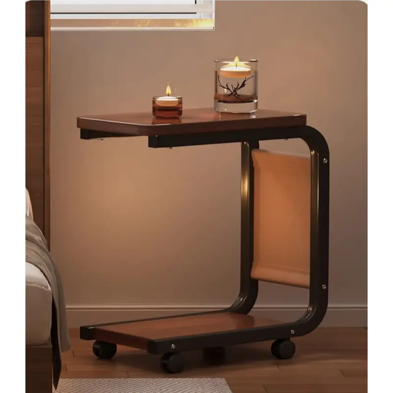 brown rolling side table with storage bag solid wood coffee table c shaped desk for sofa and bedside metal frame feature table quiet 360 swivel wheels couch edge and nightstand cart side table suitable for living room rvs etc details 2