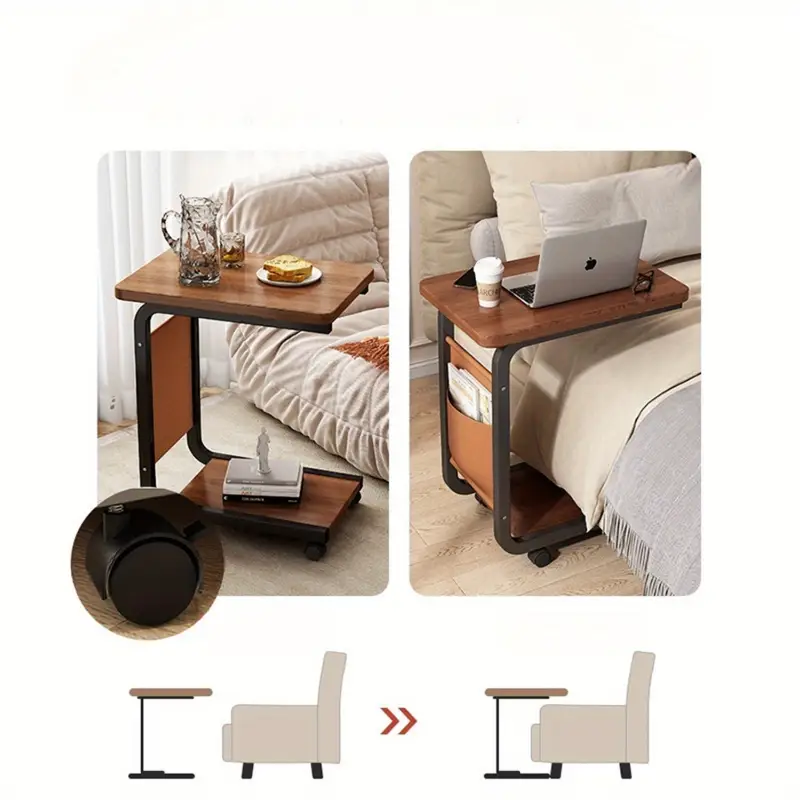 brown rolling side table with storage bag solid wood coffee table c shaped desk for sofa and bedside metal frame feature table quiet 360 swivel wheels couch edge and nightstand cart side table suitable for living room rvs etc details 5