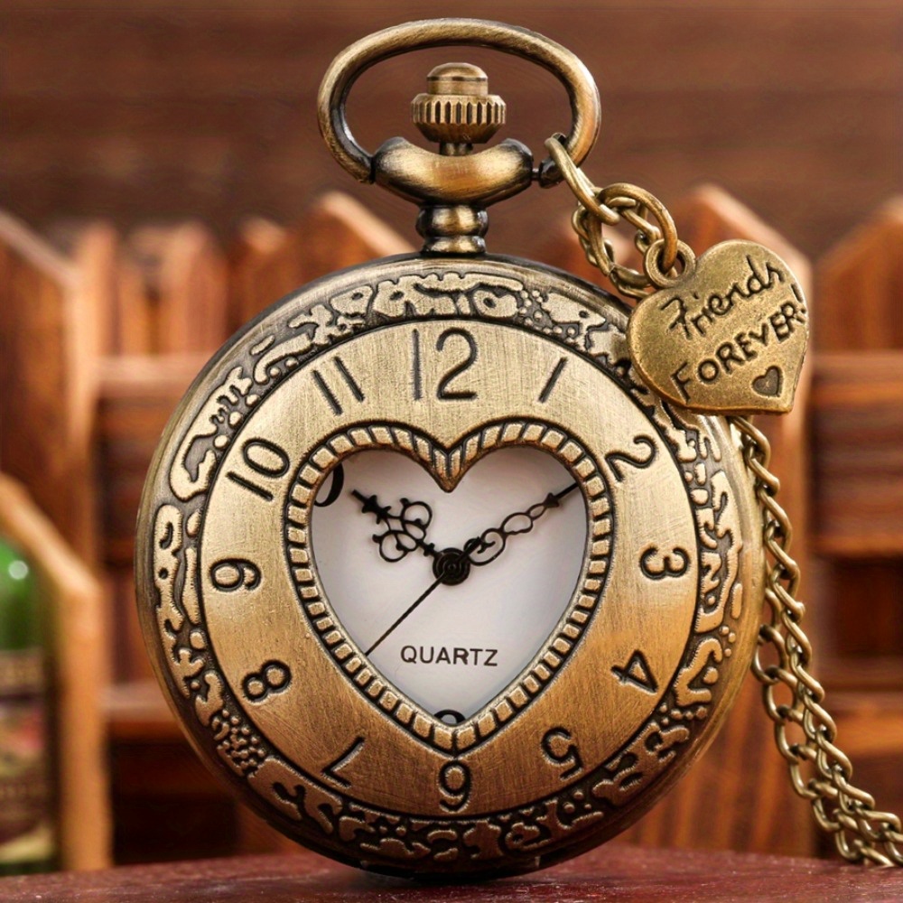 TEMU Old Fashioned Bronze Love Heart-shaped Quartz Pocket Watches Pendant Clock With Necklace Chain With Heart Accessory