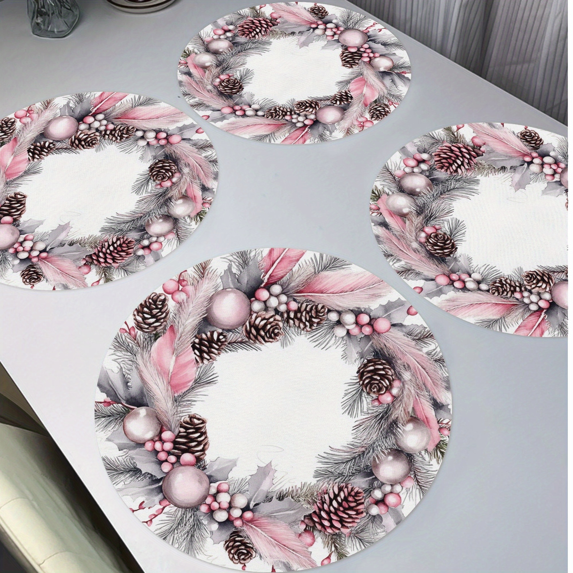 

Christmas Wreath Placemats Set Of 4 - Hand Wash Only Round Polyester Table Mats With Pinecones And Holly Design For , Banquet, And Party Dining Decor - Non-slip, Woven Weave