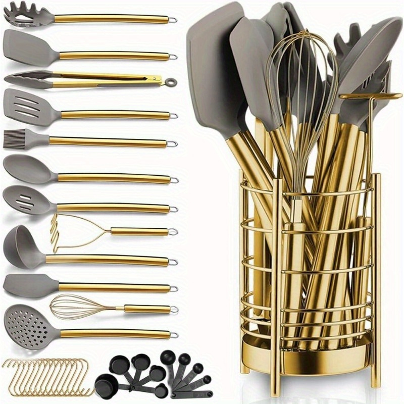 38pcs Set of Golden Kitchen Utensils, Featuring Durable Non-Stick Cooking Tools Including Spoons And Spatulas, Accompanied by a Robust Stainless Steel Holder. Safe for Dishwasher Use