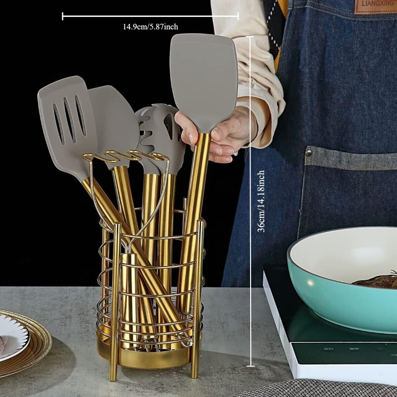 38pcs Set of Golden Kitchen Utensils, Featuring Durable Non-Stick Cooking Tools Including Spoons And Spatulas, Accompanied by a Robust Stainless Steel Holder. Safe for Dishwasher Use