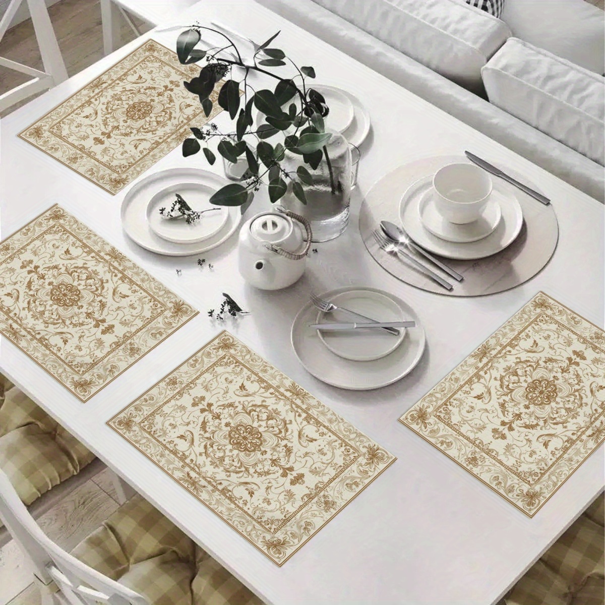 

4-pack Design Rectangle Placemats, 12x18 Inch, Polyester Non-woven Fabric, Water-resistant, Hand Washable, Table Mats For Dining Room, Kitchen, And Restaurant Decor