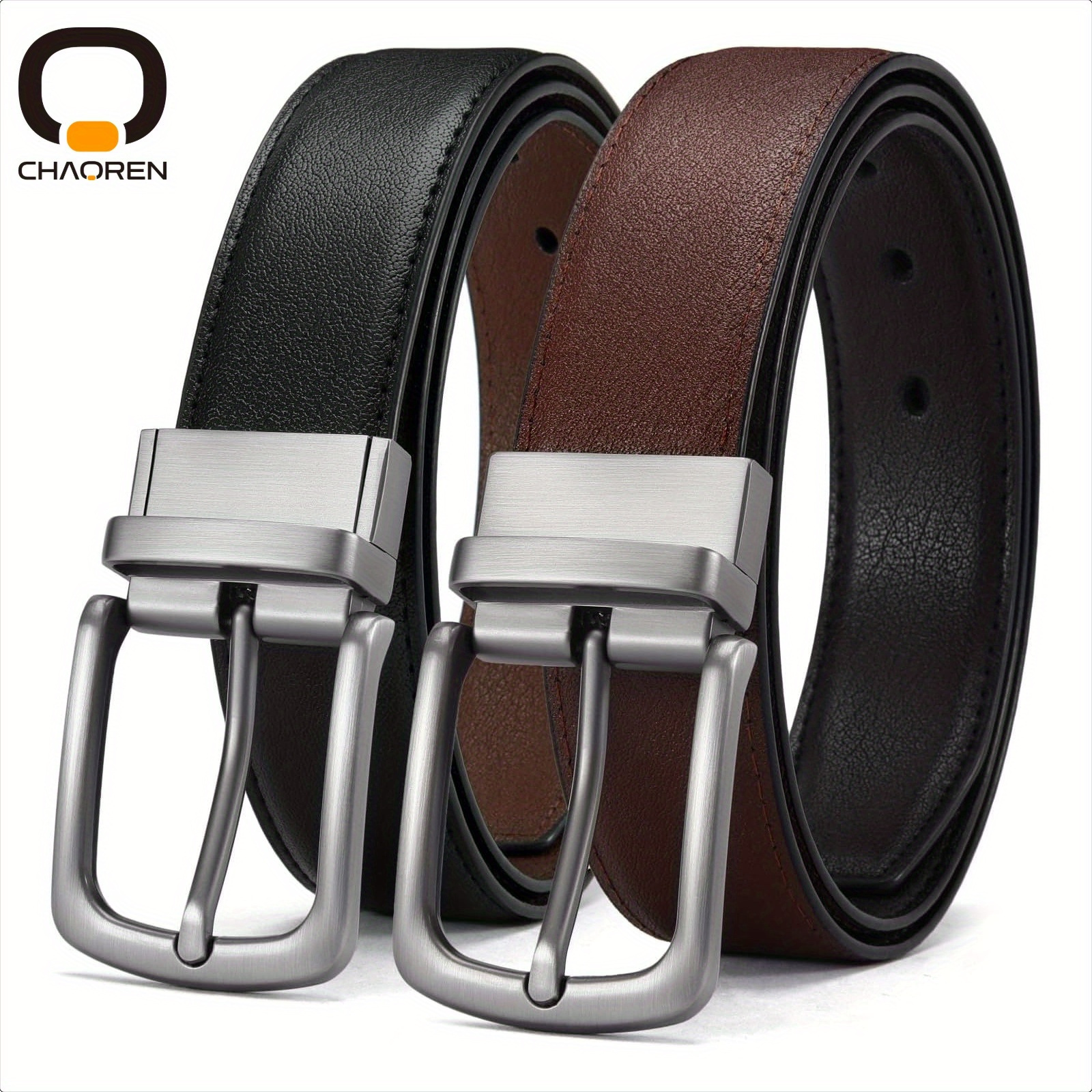 

1pc Chaoren Mens Genuine Leather Cowhide Reversible Belt, 2 Styles For Dress And Casual Wear