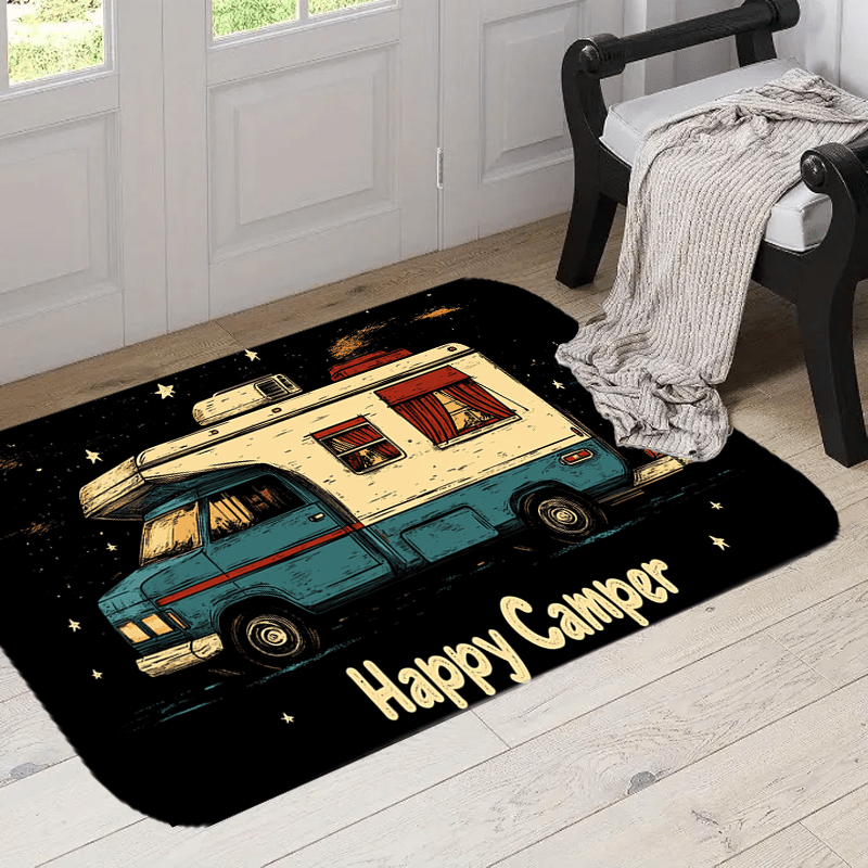 

1pc Carpet Mat, Camper Illustration, Black Polyester Door Mat, Machine Washable, Home Decor, Holiday Gift Idea