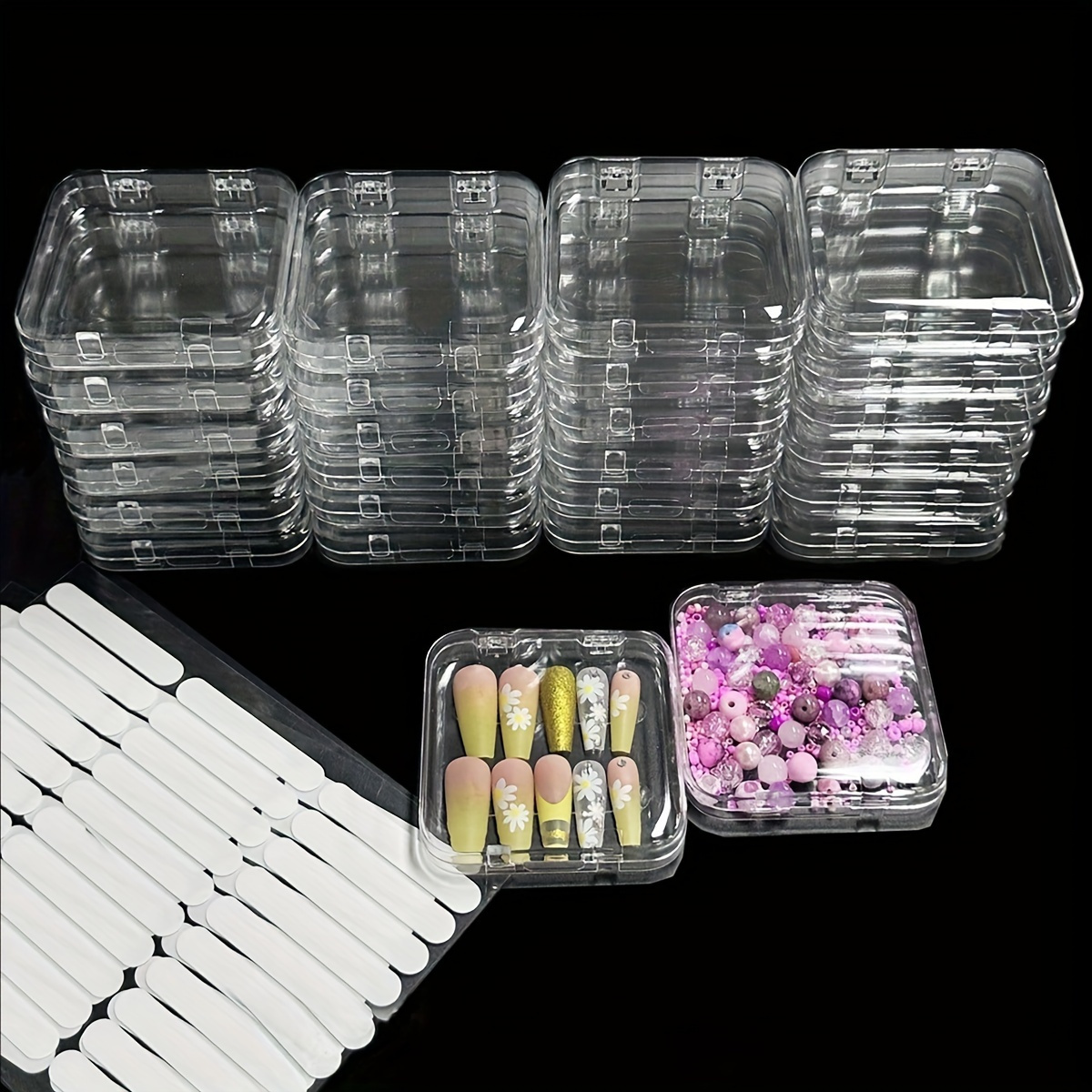 TEMU 24-pack Clear Boxes With Lids, Plastic Display For -on , Includes 60 Strips Double-sided , False Set And Accessories Organizer, Baskets, Bins &