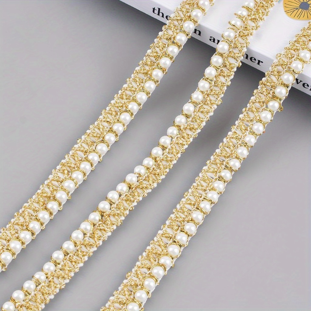 Lace Trim With Golden Embroidery & Pearl Beads - Sew- Ribbon For Dresses, Bags, Diy Crafts - Luxury Fabric Edging For Clothing Decoration (garment, Wedding,) - To Use, Cut & Needed)