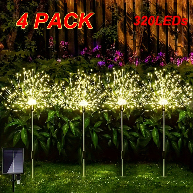 

4pcs Solar Garden Light, Warm White Led Fireworks And Starburst Design, Push Button Control, 8 Flashing For Outdoor, Trail, Yard, Christmas Decoration