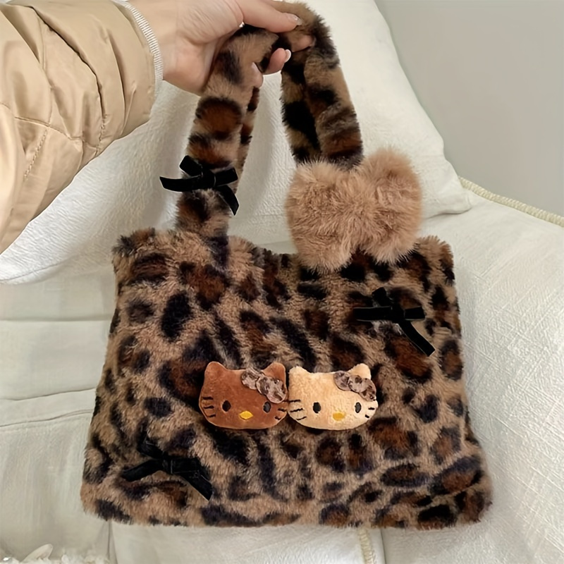 

[1pc Hello Kitty Plush Handbag] 1pc Cute Anime-themed -handle Bag, Leopard Print With Cat Ears, Magnetic Closure, Polyester Lined, Hand Washable, With Random Printing For Daily Use