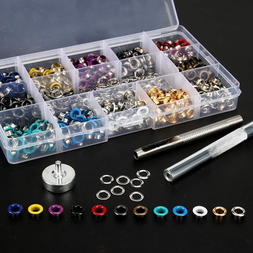 

600pcs Grommet Kit Sets Gronmets Eyelets With 3pcs Install Tool Kit, 12 Colors