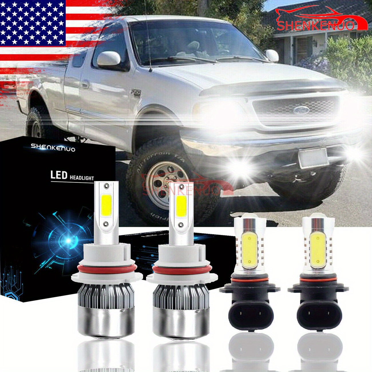 4pcs 6000k Led Headlight Bulbs + Fog Light Bulbs Combo For 1999-2003 For Ford