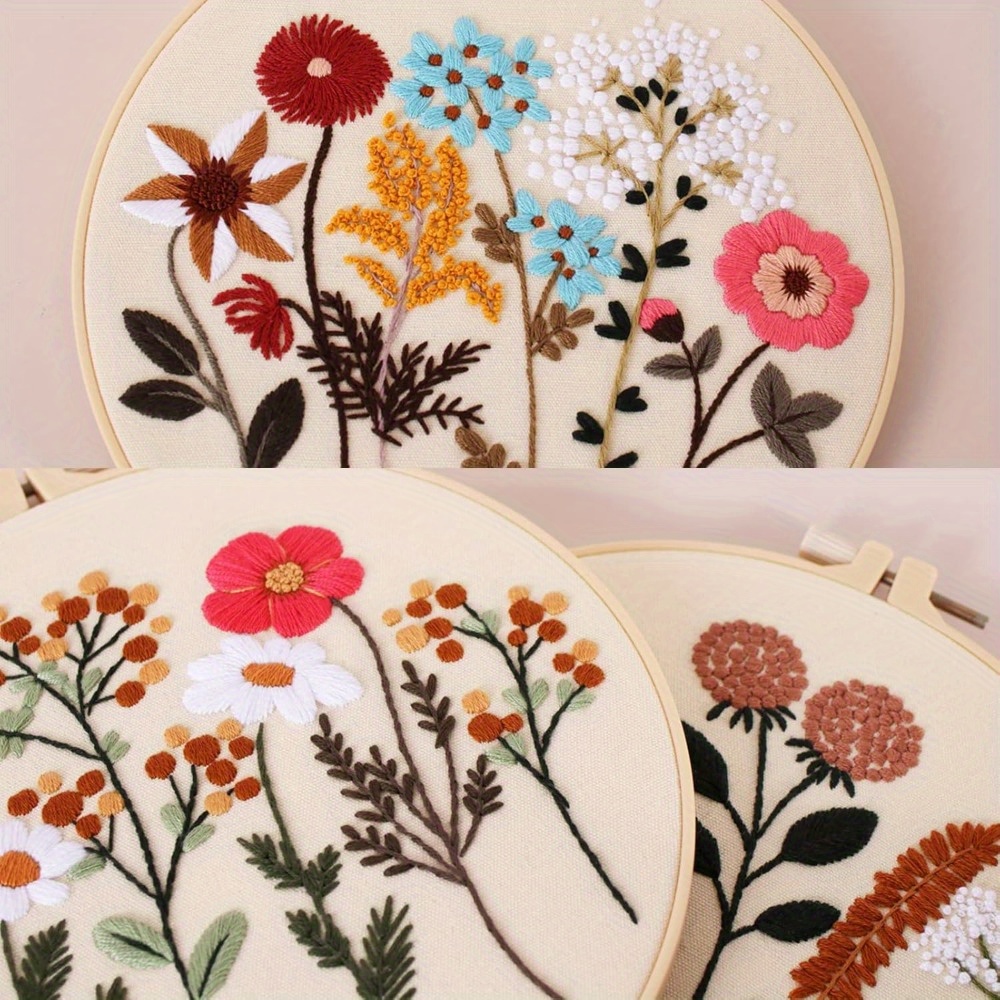 

Flower Embroidery Kit For Beginners With Pattern And Instructions, 4 Pack Stitch Kits, 2 Wooden Embroidery Hoops, And Needles, Needlepoint Kit For Adults