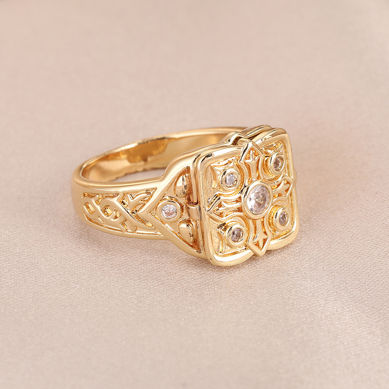 Golden Plated Square Ring with Geometric Gemstone Accents