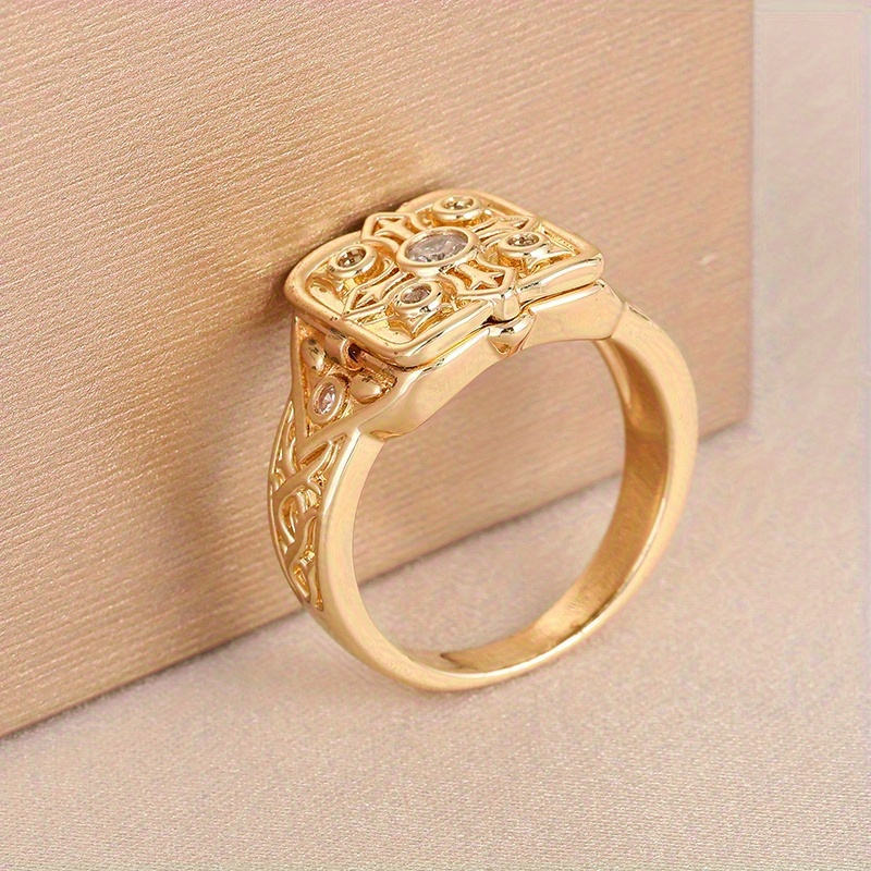Golden Plated Square Ring with Geometric Gemstone Accents