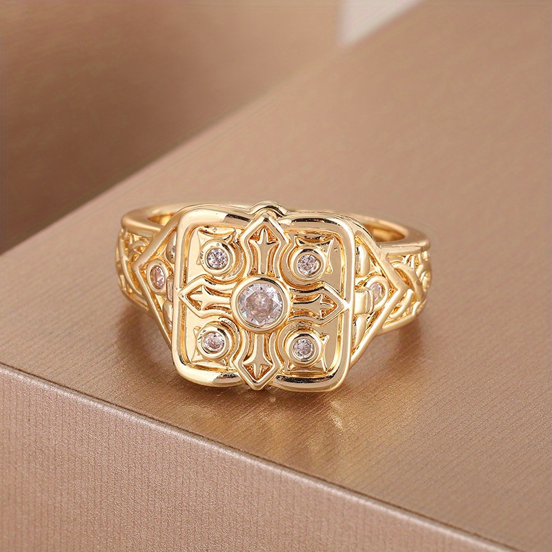 Golden Plated Square Ring with Geometric Gemstone Accents