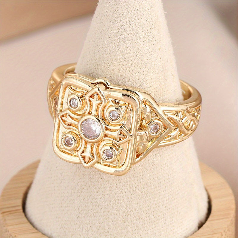 Golden Plated Square Ring with Geometric Gemstone Accents