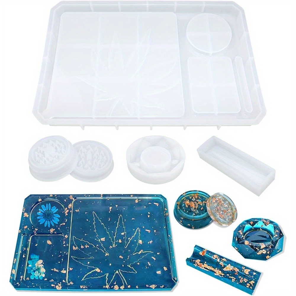 TEMU 5pcs Resin Molds Silicone Molds For Epoxy Resin With Large Rolling Tray Mold And For Grinder Mold For Grind And Storage Resin Casting, Crafts,