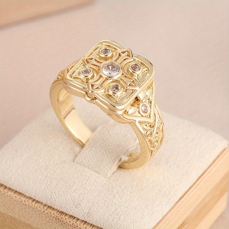 Golden Plated Square Ring with Geometric Gemstone Accents