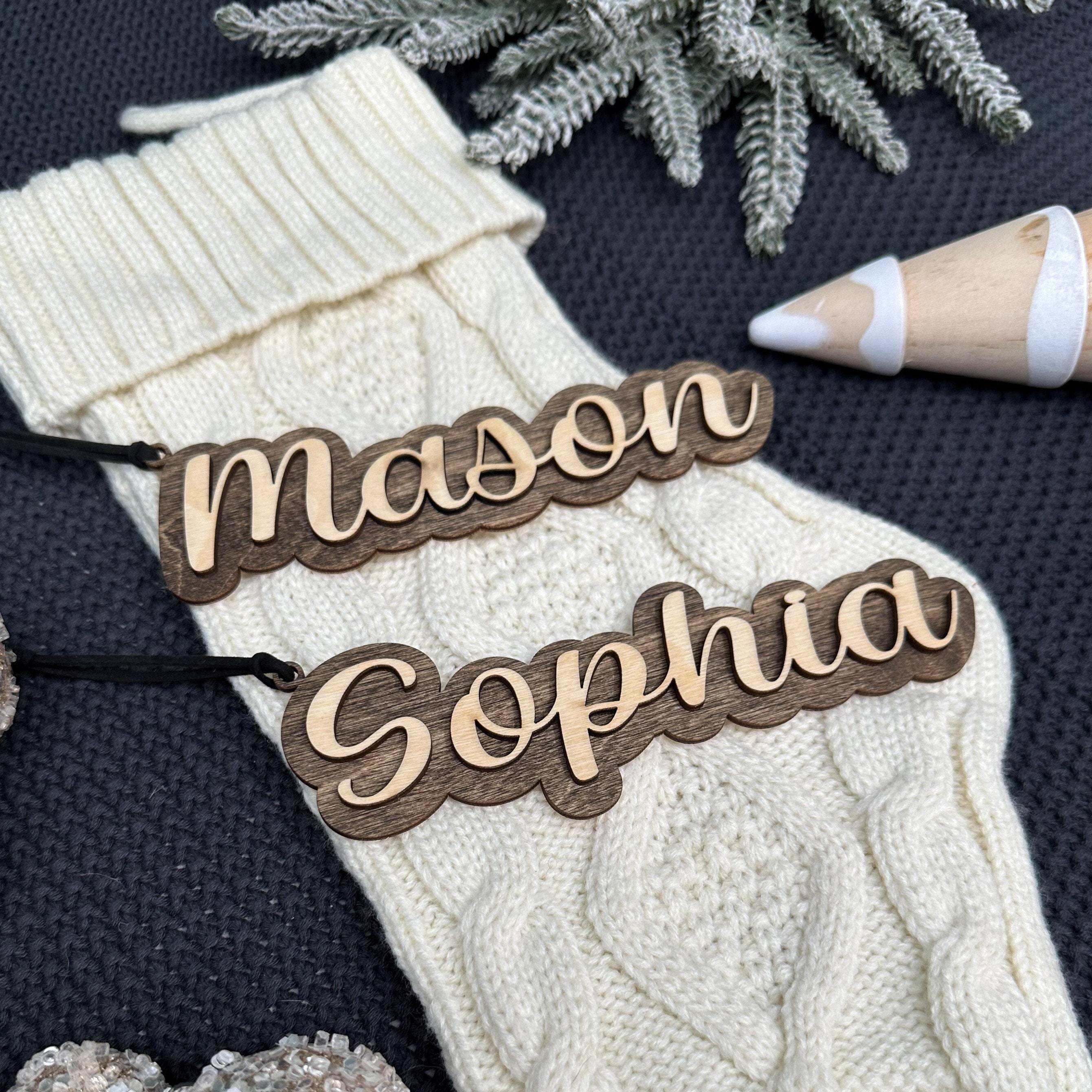 

Custom Christmas Stocking Name Tags, Personalized Wooden Hanging Ornaments, Knit Farmhouse Country Decor, Unique Gift Idea