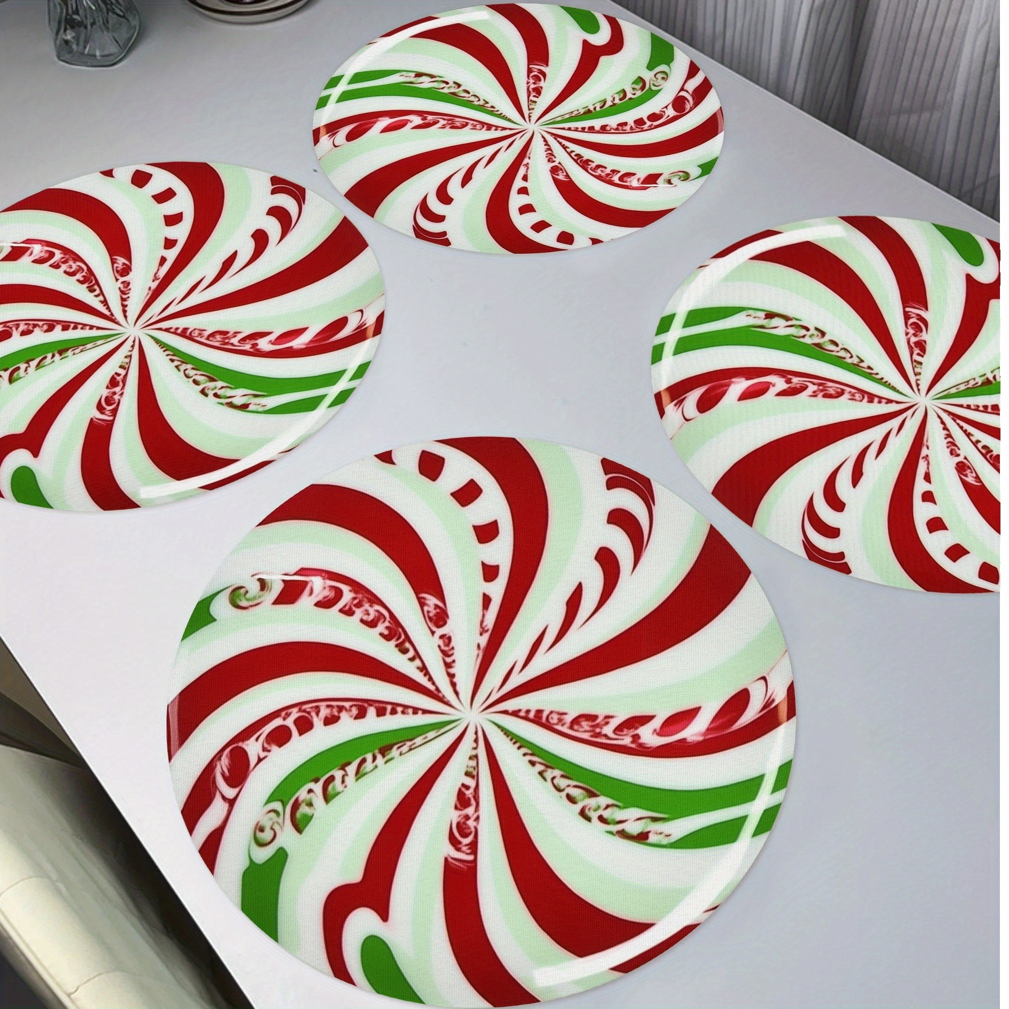 

4pcs Set Festive Christmas Candy Placemats - Non-slip, Washable Round Table Mats For Holiday Dining & Kitchen Decor