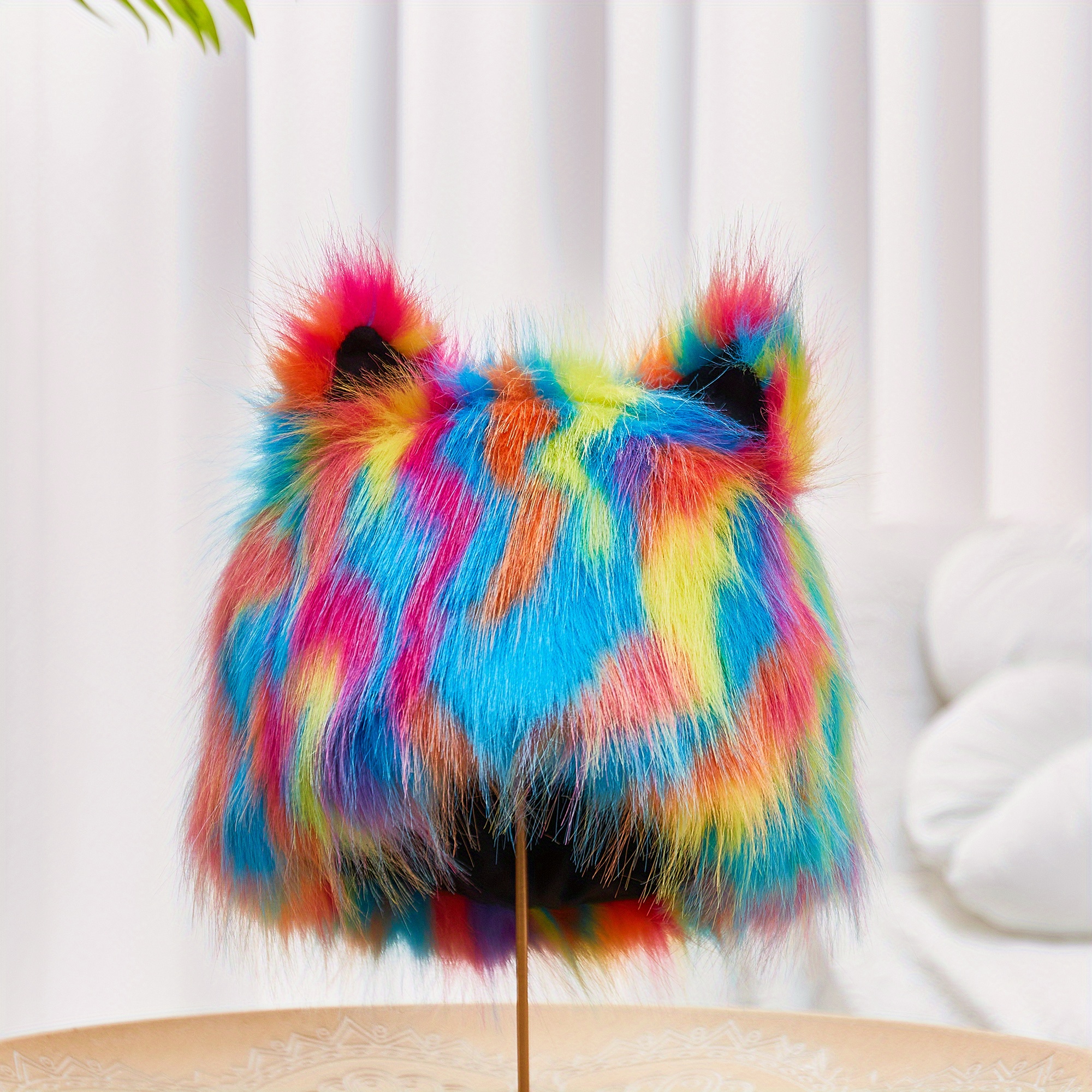 Women\'s Winter Faux Fur Furry Bucket Hat, Rainbow Women Faux Fur Bucket Hat Winter Warm Furry Rainbow  main image 4