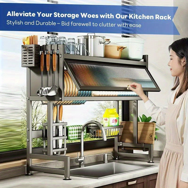 Over The Sink Dish Drainer Drying Rack 3 Tier Over Sink Dish Rack For A Tidy Kitchen Sink Shelf Organized Space-Saving Dish Rack With Cover For Dishes, Glasses, Bowls, And Cutlery