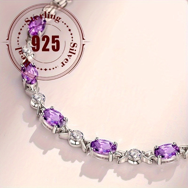 

1pc Elegant 925 Sterling Silver Bracelet With Purple Natural Stones, Simple , Women's Jewelry Gift For All And
