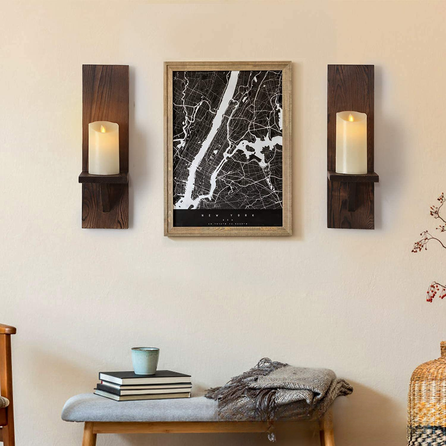 Set of 2 Bohemian Style Wooden Wall-Mounted Candlesticks