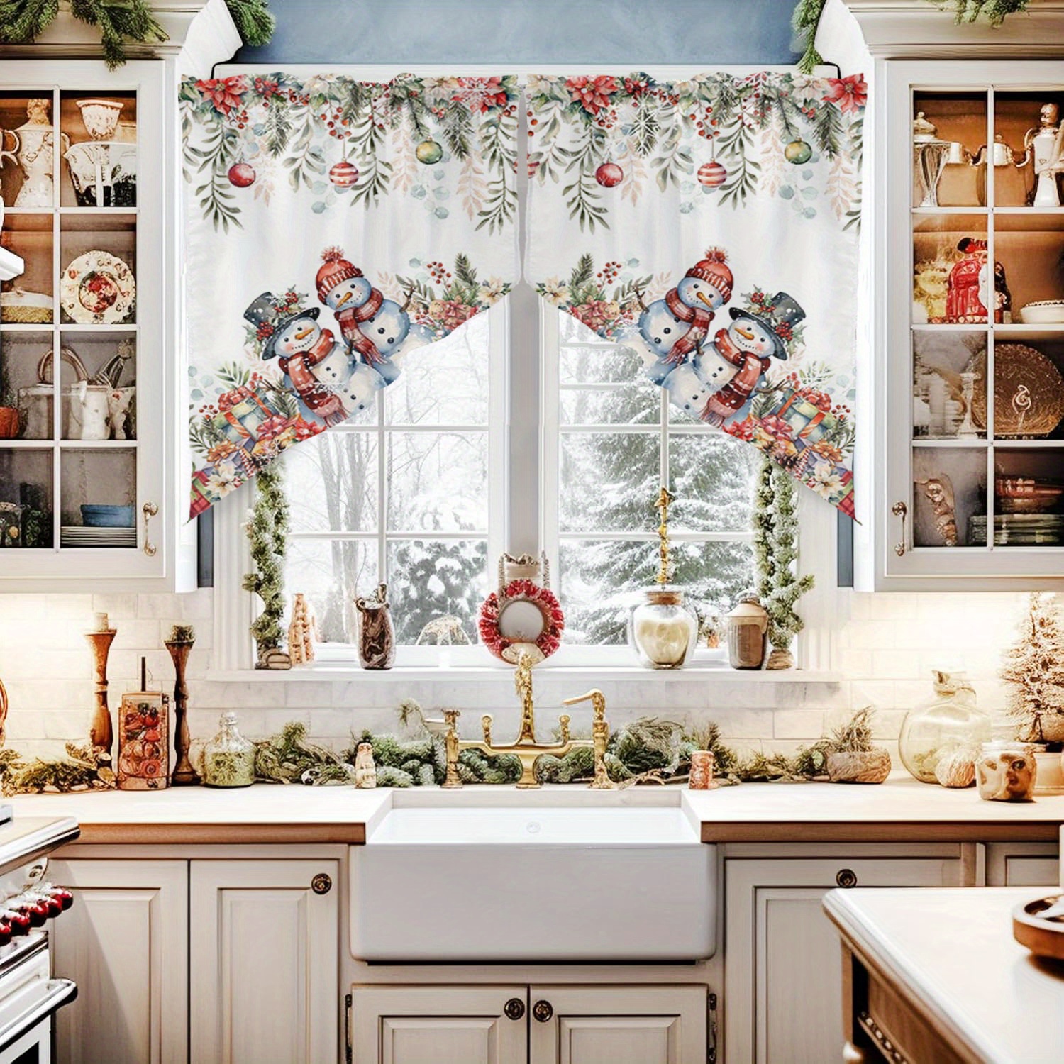 

2pcs Vintage Christmas Snowman Kitchen Curtain Valances - Poinsettia With & Holiday Decor, Rod Pocket, Light Filtering Polyester Drapes For Decor, Outdoor Christmas Decorations