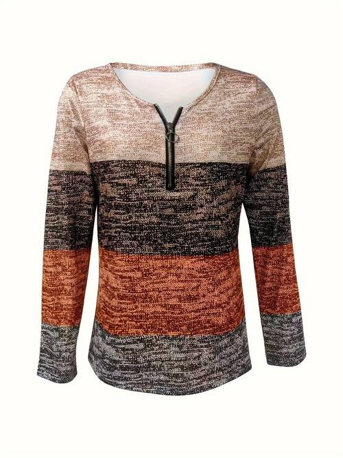 womens casual v neck color block long sleeve t shirt with zipper 100 polyester knit fabric breathable soft for