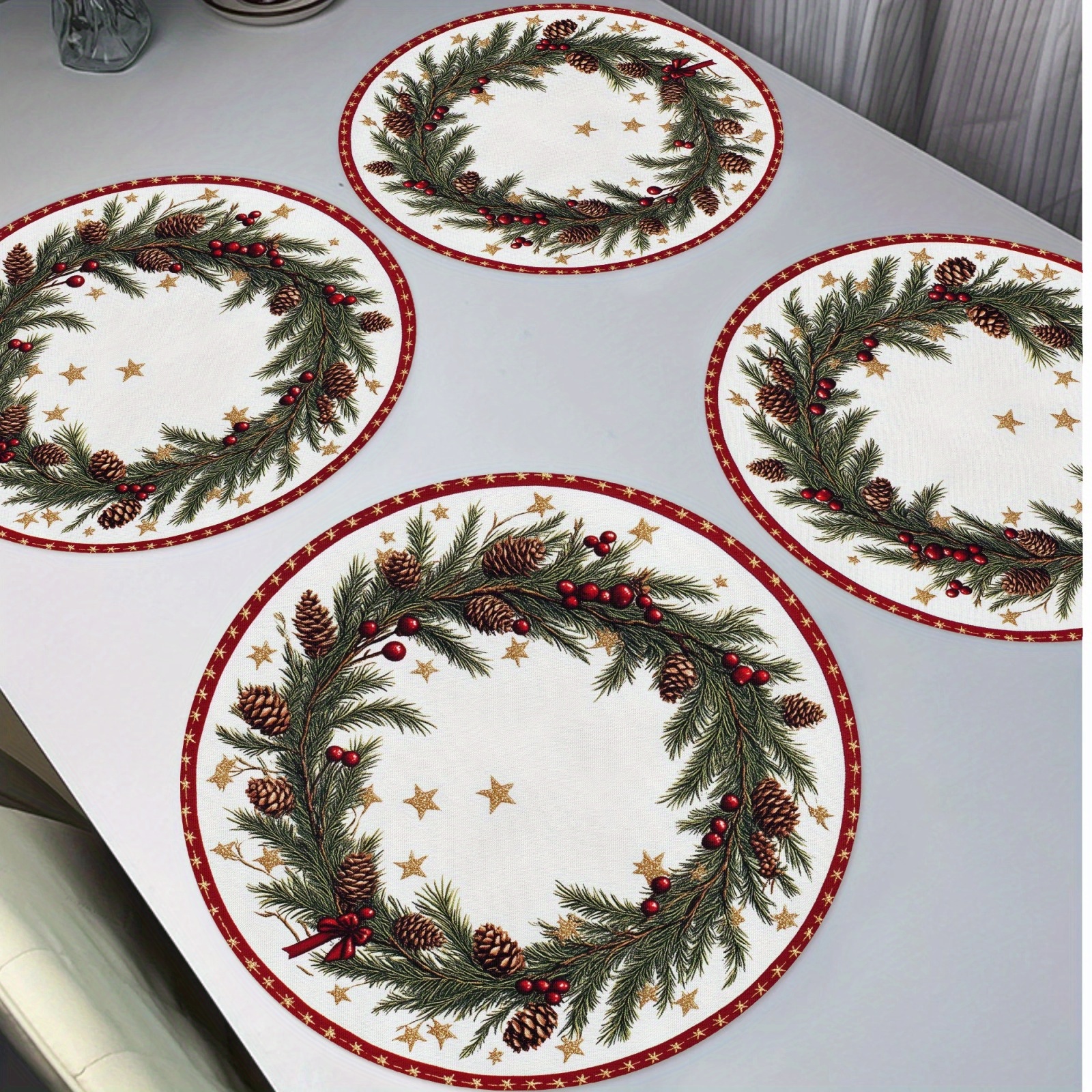 

4pcs Placemats Round Vintage Christmas Wreath Place Mat 15in Table Pad Christmas Gift For Kitchen Dining