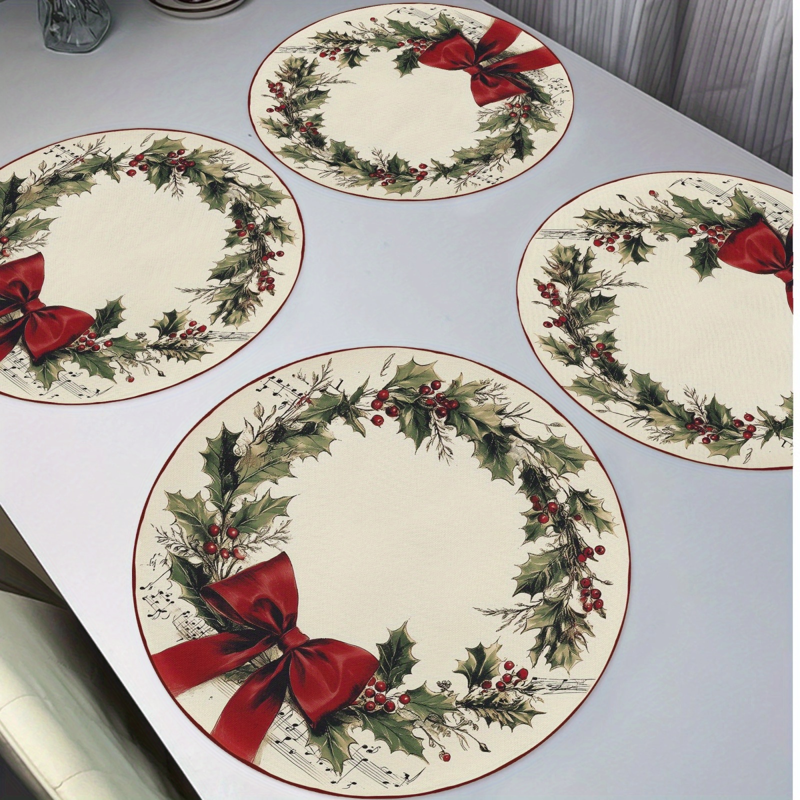 TEMU 4pcs Set Gathering, Round Placemats - Wreath & Musical Notes Red Bow, Polyester, Wash - Christmas For Dining Room