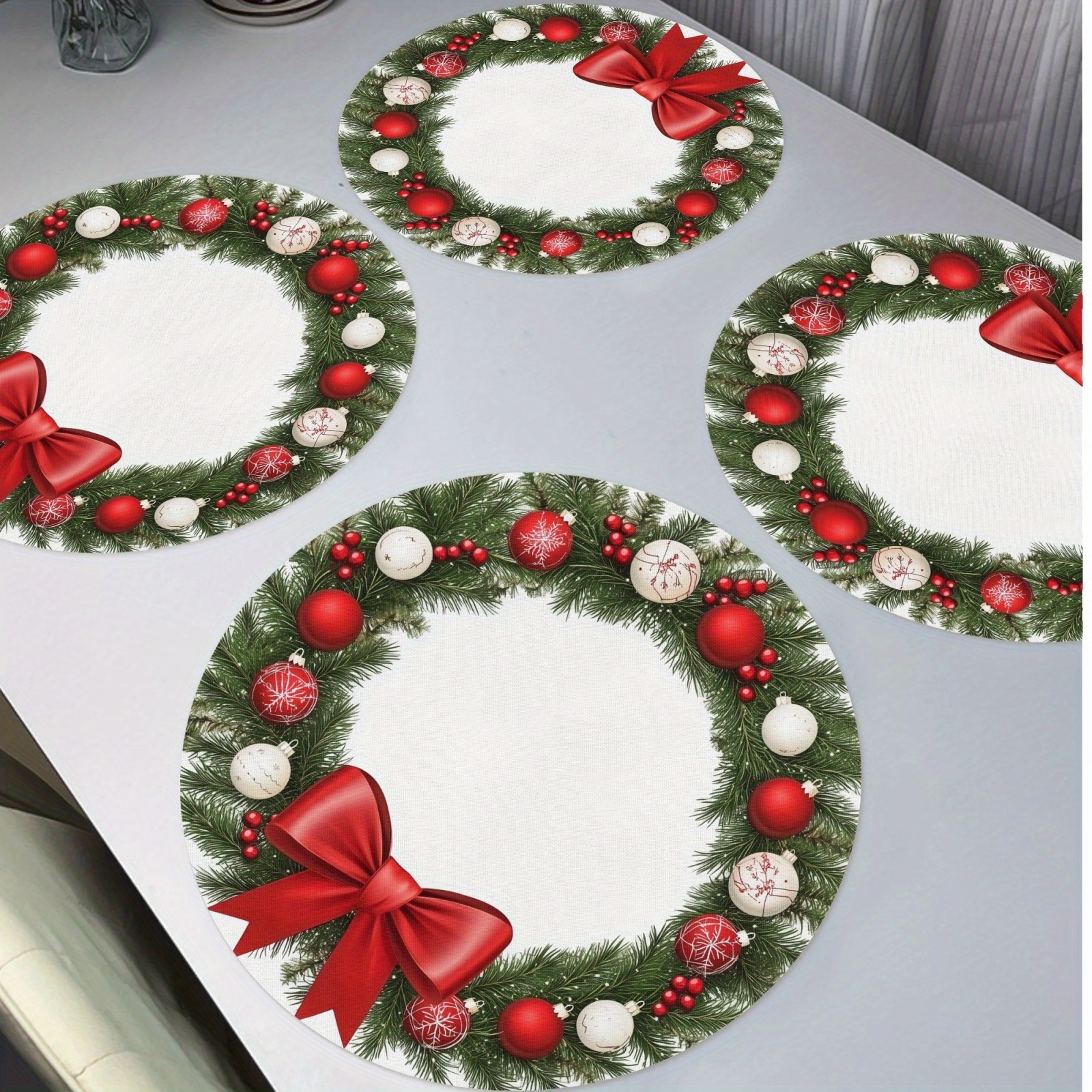 

4pcs Placemats Round Christmas Wreath (2) Place Mat 15in Table Pad Christmas Gift For Kitchen Dining