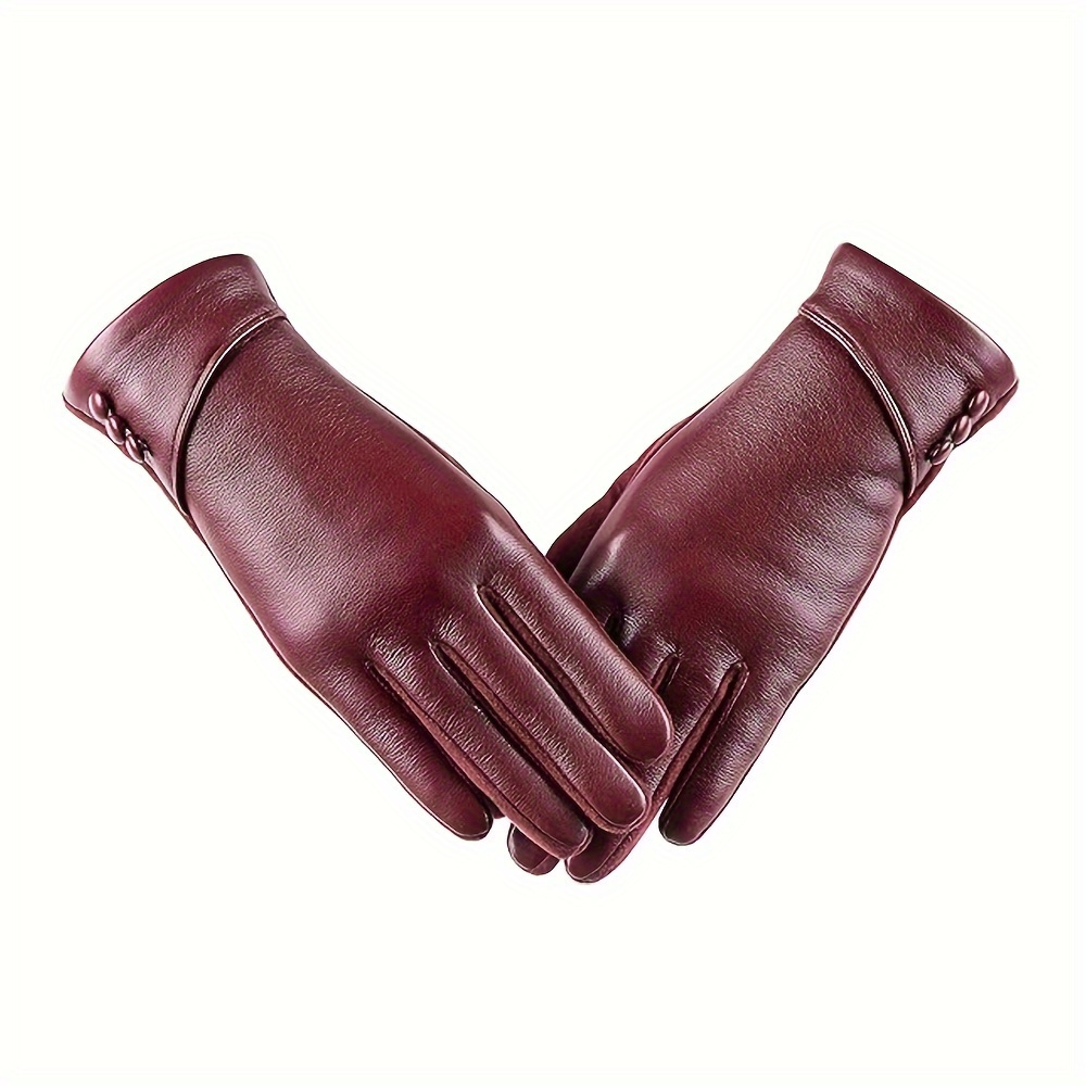 

Women's Elegant Full Finger Genuine Leather Gloves, Solid Color, Stripe , Elasticity, Plush Lining, Windproof, Warm For Autumn And Winter, Casual Weekend Style