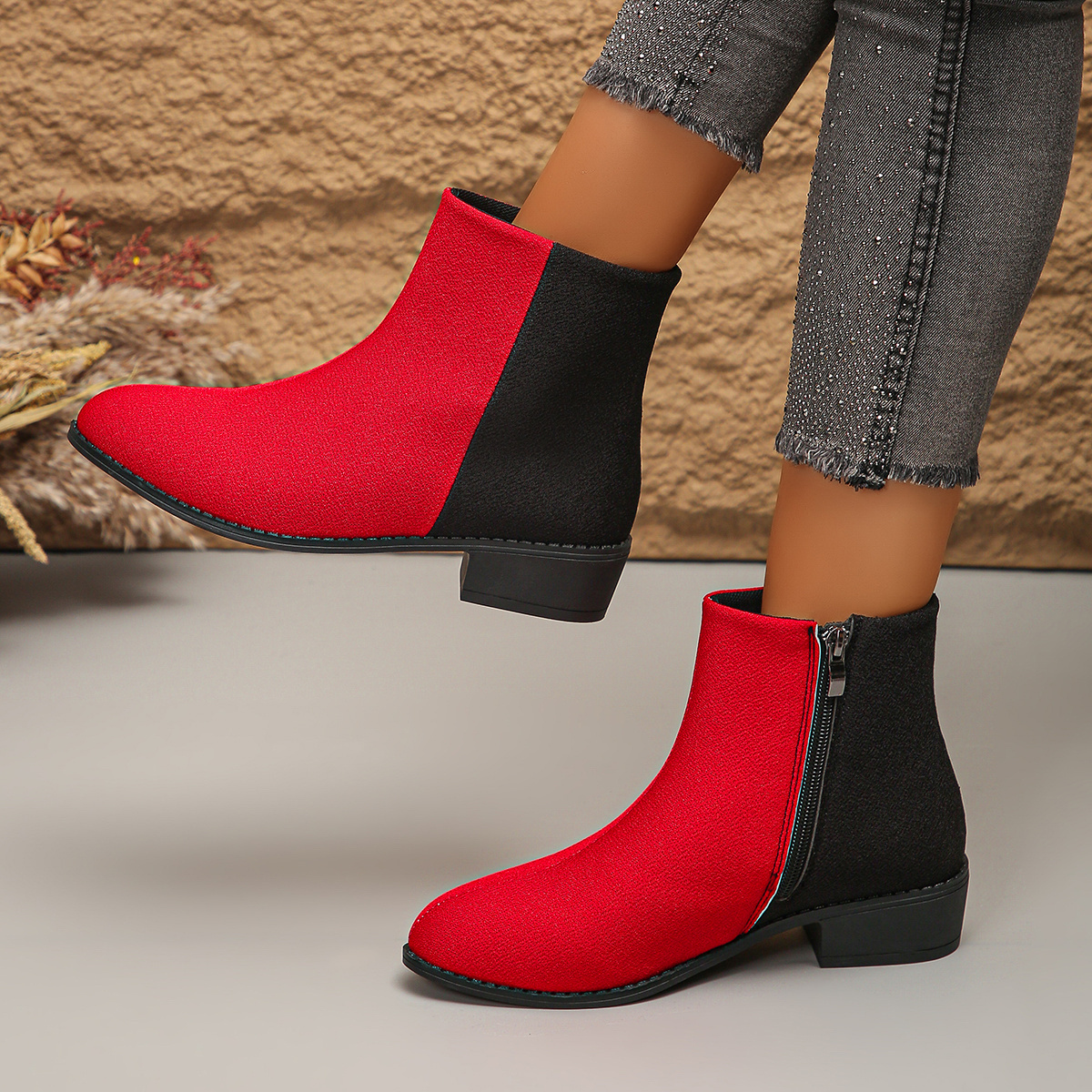 Botines Elegantes de para Mujer y Negro, Estilo Botas Cortas con  Tacón Cremallera Lateral, Forro de Tela par