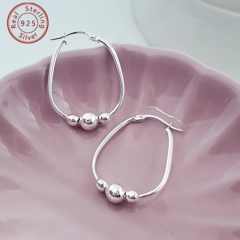 

New S925 Pure Silvery 3 Bead Ring Earrings, 18mm Pendant Bead Ring Earrings, Suitable For Women, Earrings