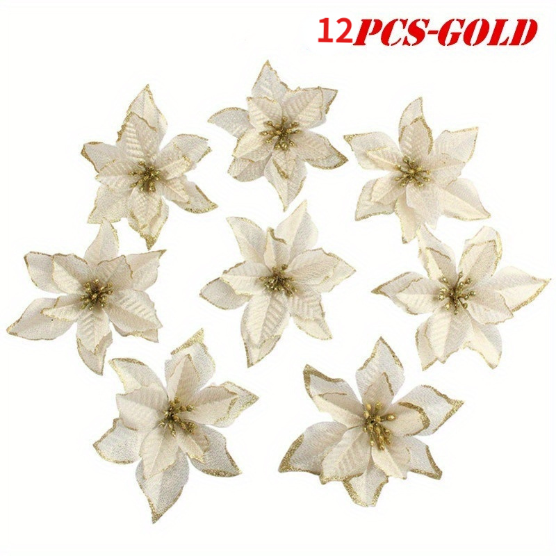 12pcs Glitter Poinsettia Flowers - Festive Christmas Decorations For Home And Tree - Wedding And New Year Ornaments - Indoor And Outdoor Use