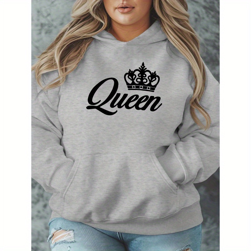 

Sweat à capuche décontracté grande taille pour femme, pull Queen, tissu tricoté % polyester, légèrement extensible, haut à manches longues automne/hiver avec poches.