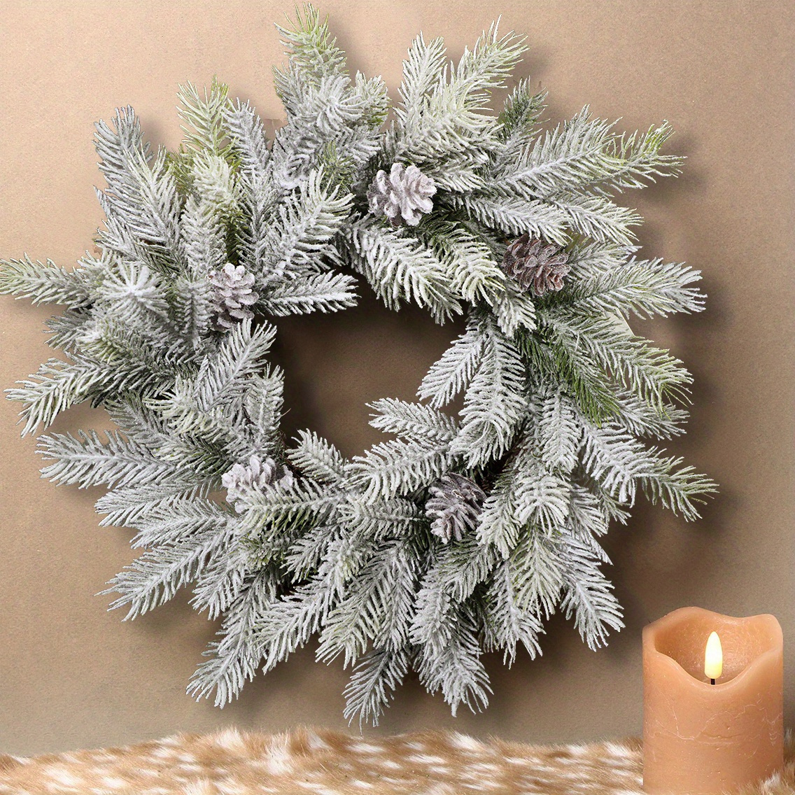 

1pc Lifelike Artificial Cedar & Snowflake Wreath - Pine With White For Christmas, Weddings, Birthdays, And Outdoor Celebrations - Pp & Pe Materials