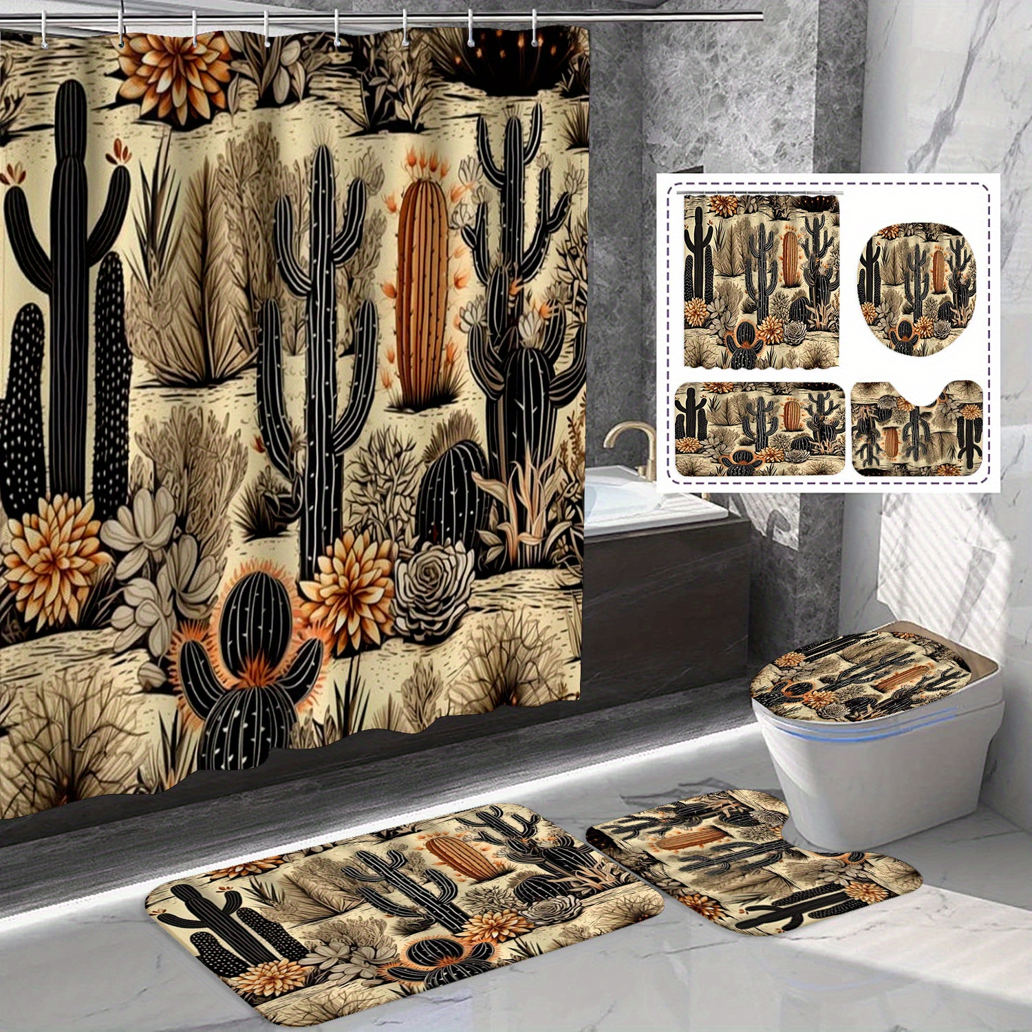 

/4pcs Cactus Shower Curtain Set, Non-slip Bath Mat Carpet, Unique Shape Mat Toilet Cover, Waterproof Shower Curtain, 71x71 Inches, With 12 Hooks, Bathroom Home Decoration