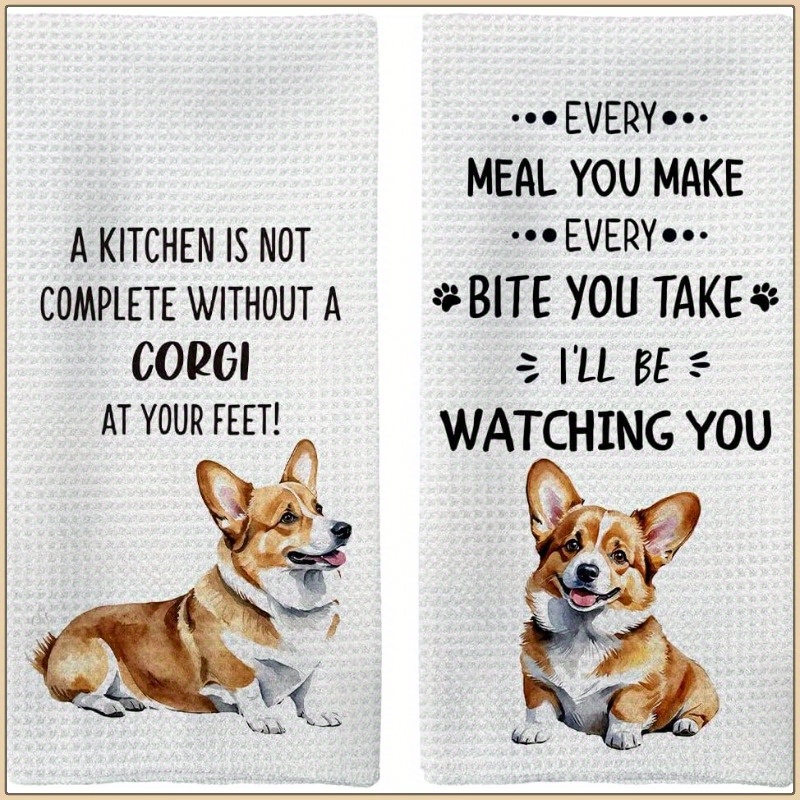 TEMU 2-pack Corgi Kitchen Towels, 18x26 Inches, Polyester, Super Soft, Machine Washable, , Dog Themed, Woven, Oblong Shape, Ideal For & Kitchen Decor